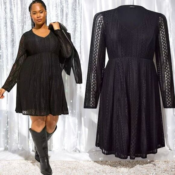 torrid Dresses & Skirts - Torrid Black At The Knee Geo Lace V-Neck Skater Dress NWT